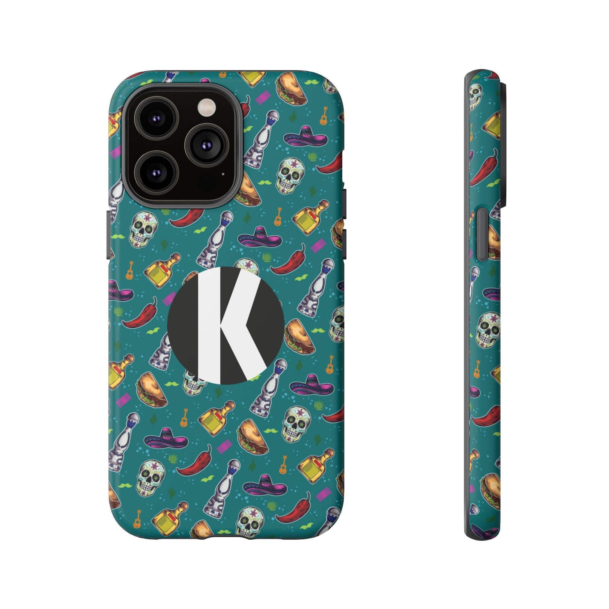 A phone case shown from the back and side on a white background. The case has a teal background with a repeating pattern of skulls, sombreros, dice, and bottles, featuring a large black circle with a white letter K on the back.