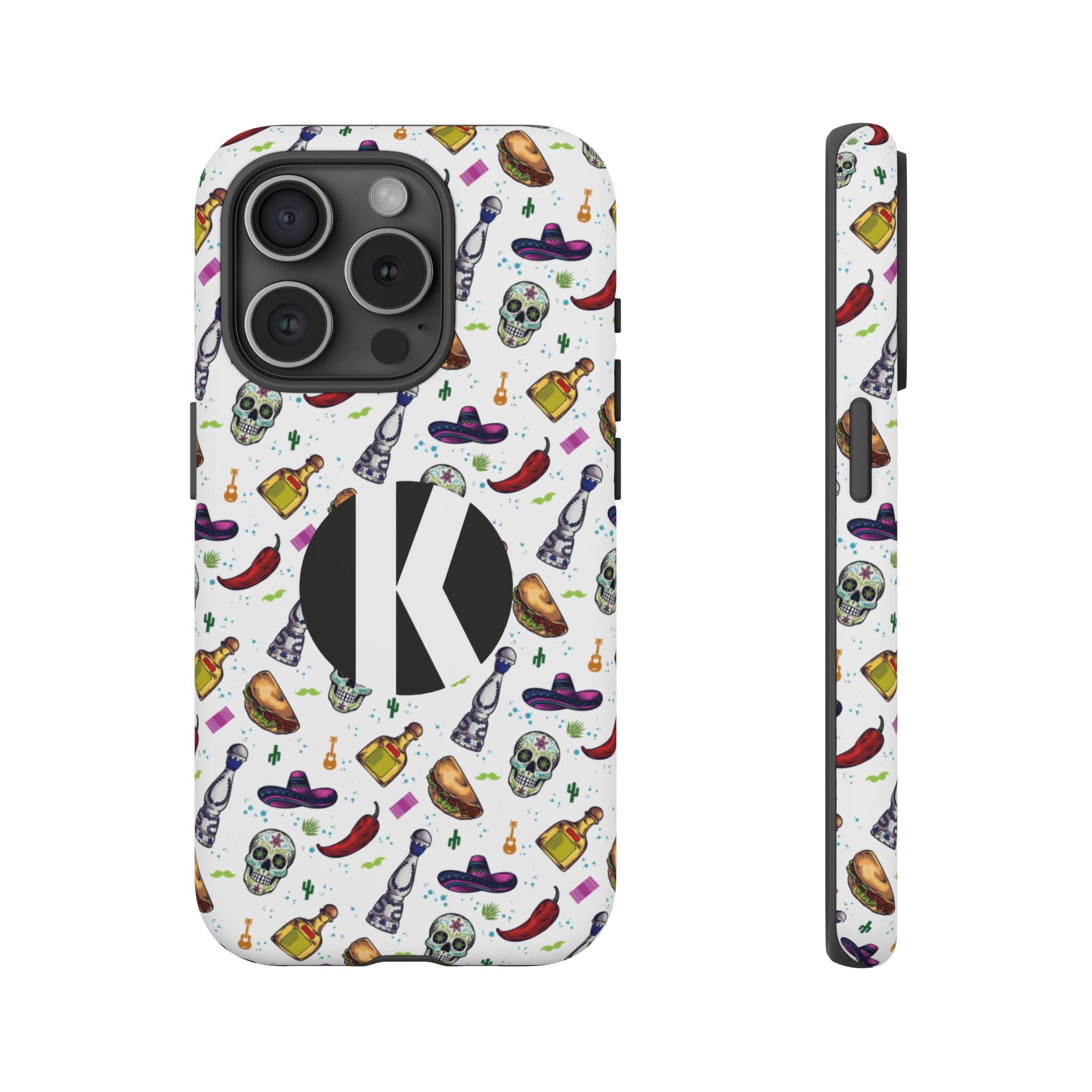 A phone case shown from the back and side on a plain white background. The case has a white base with a repeating pattern of skulls, chili peppers, bottles, and sombreros in multiple colors, plus a large black circle containing a white letter K on the back.