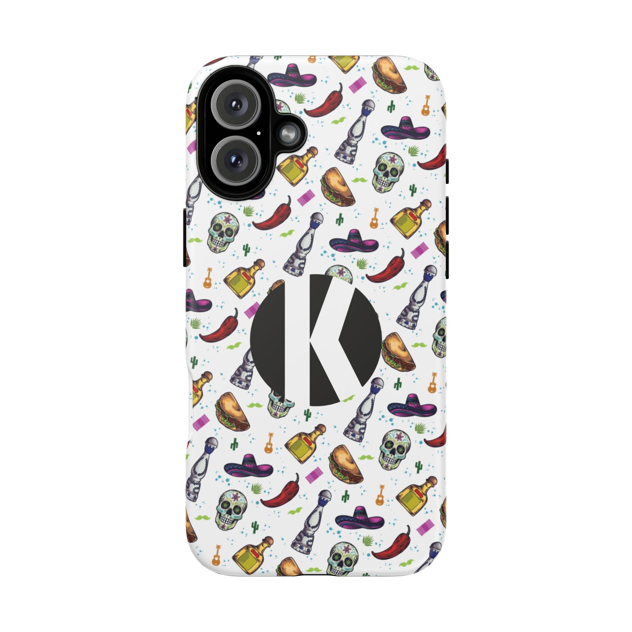 A white phone case featuring a colorful Mexican-themed pattern with skulls, sombreros, chili peppers, and tequila bottles, accented by a large black and white monogram 'K' in the center.