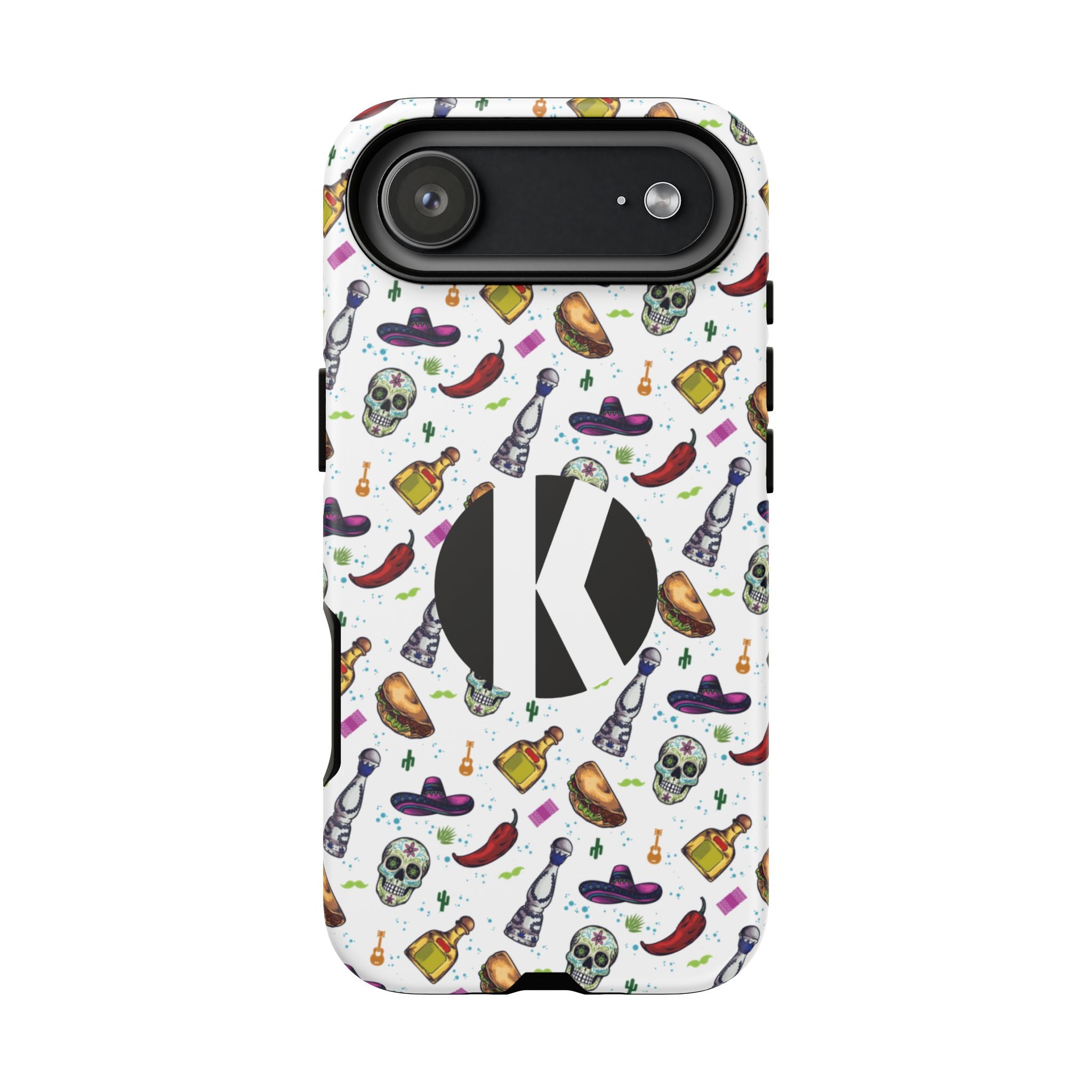 A white phone case with a colorful Mexican-themed pattern of sombreros, skulls, chili peppers, and tequila bottles, featuring a large black circle with a white letter K in the center.