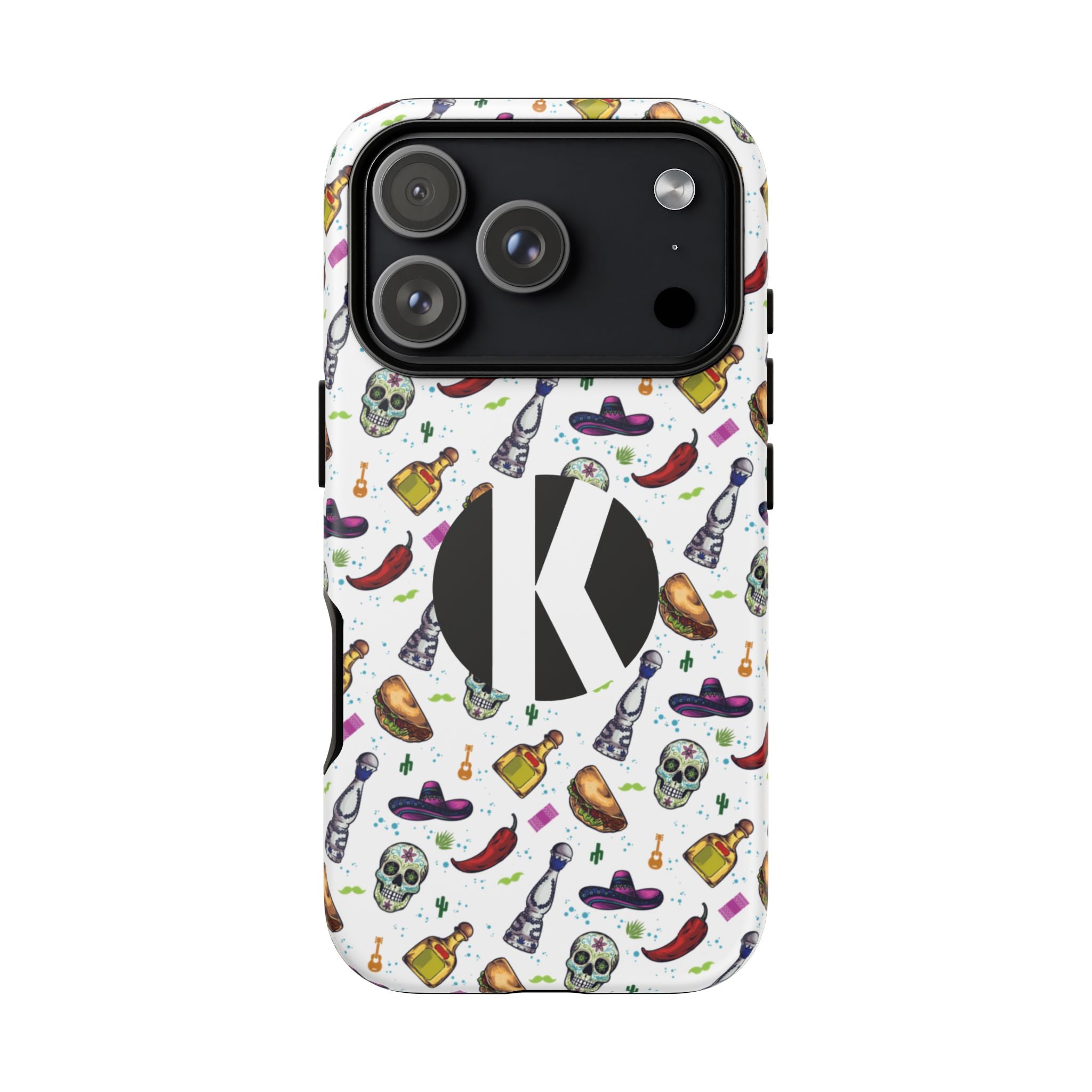 A protective phone case featuring a white background with a colorful Mexican-themed pattern of sombreros, guillotine, skulls, and bottles, accented by a large black circle containing a white letter 'K' on the back.