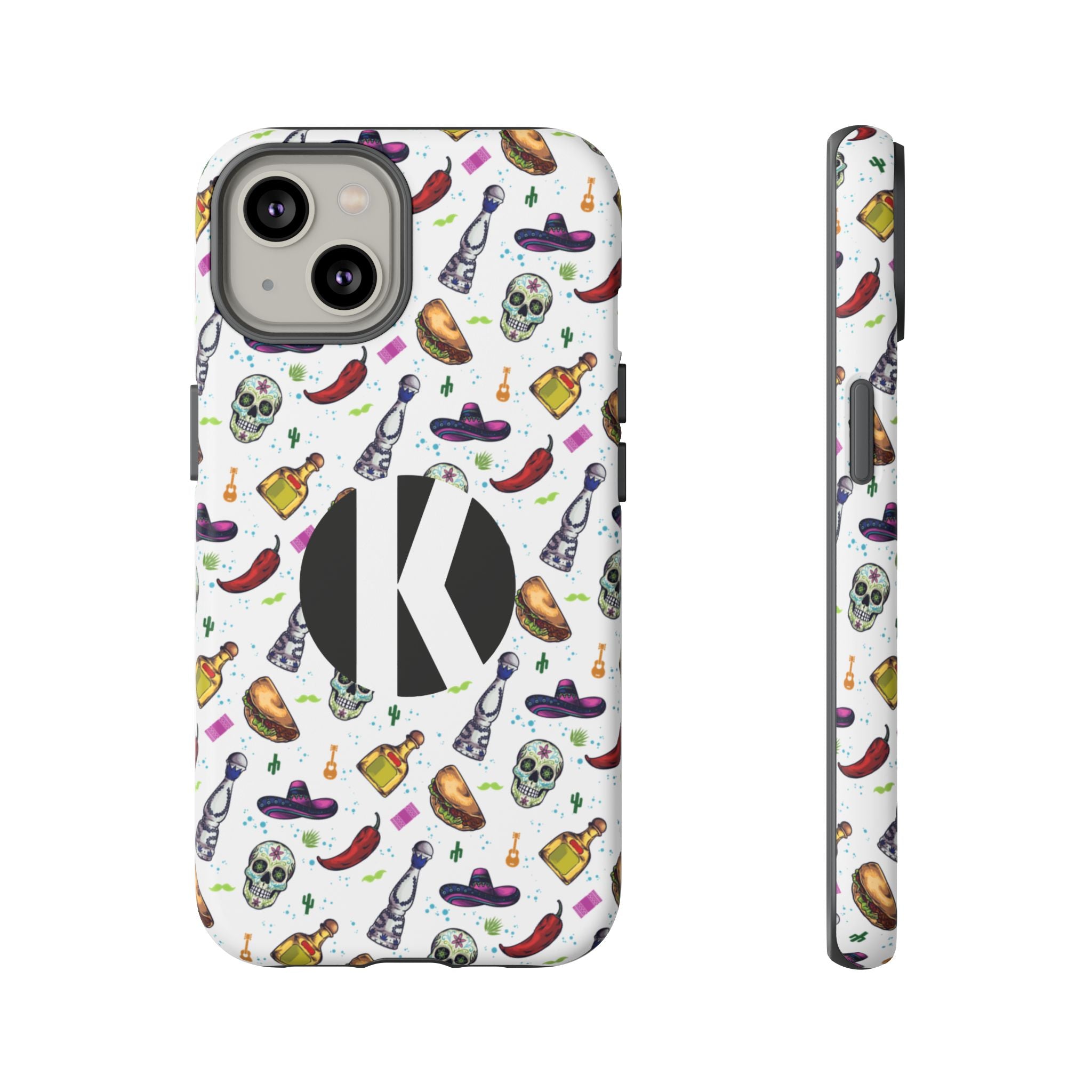 A phone case shown from the back and side on a white background. The case has a white base with a repeating pattern of colorful skulls, sombreros, chili peppers, and bottles, plus a large black circle containing a white letter K on the back.