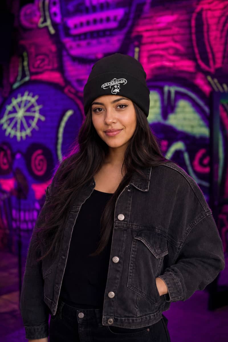 Woman wearing black Kalaveras embroidered beanie in front of a colorful graffiti wall