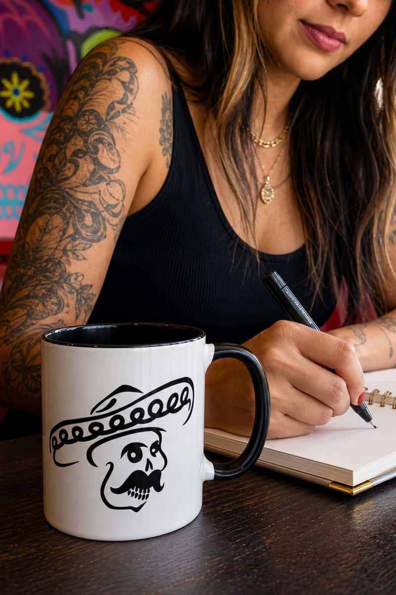 Woman writing at a table with the Kalaveras Signature Mug 15 oz